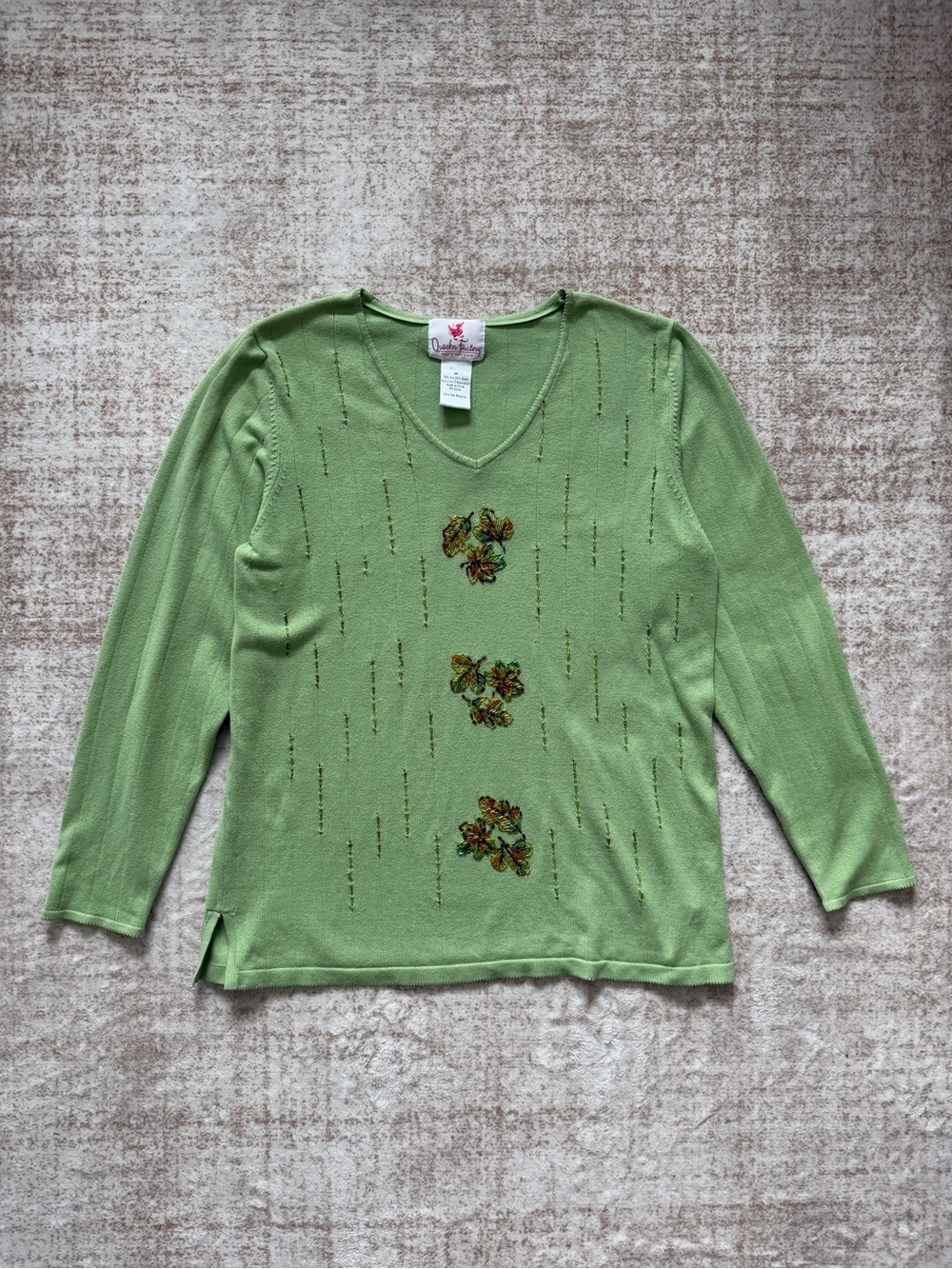 Vintage Quacker Factory Silk Beaded Leaf Sweater Green V-Neck Sz M Fall